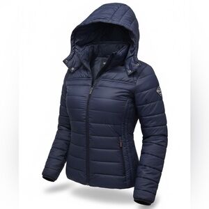 Hollister Women's Navy Blue Lightweight Hooded Thermore Puffer Jacket